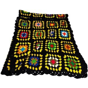 Handmade Crochet Granny Square Afghan Blanket Black Boho Retro Patchwork 62"x70"